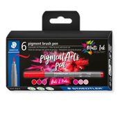 Cardboard box containing 6 fibre-tip pens with brush nib in assorted colours