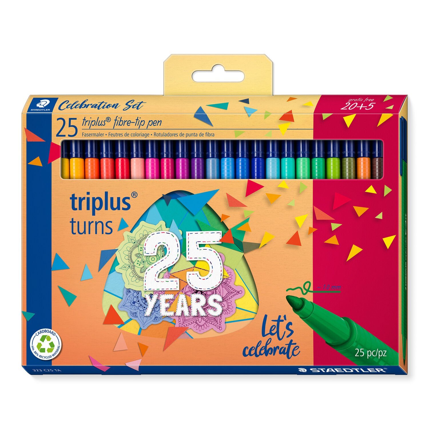 Caja de cartón con 25 colores triplus en varios colores, triplus anniversary