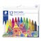 Cardboard box containing 12 wax crayons in assorted colours