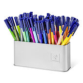 Metal cup containing 50 triplus fibre tip pens in assorted colours
