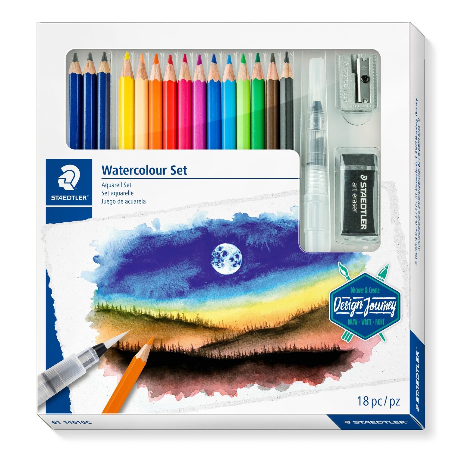 Boîte en carton contenant 3 crayons graphite aquarelle assortis, 12 crayons aquarelle assortis, 1 pinceau à réservoir d’eau, 1 gomme à effacer et 1 taille-crayon en métal