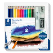 Kartonetui mit 3 wasservermalbaren Bleistiften in sortierten Härtegraden, 12 wasservermalbaren Farbstiften in sortierten Farben, 1 Wasserpinsel, 1 Radierer und 1 Metallspitzer