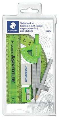 Polybag containing compass with blunt safety point and inch/metric measuring scale, 6" protractor, pencil, 6" ruler, sharpener and eraser in assorted colours
