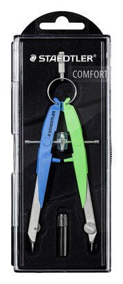 Plastic case with hinged lid containing 1 compass, neon edition blue/green