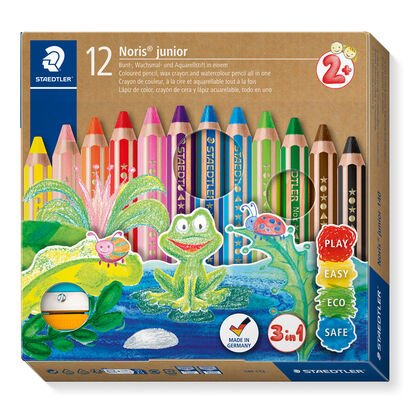 Astuccio con 12 matite colorate in colori assortiti e un temperamatite