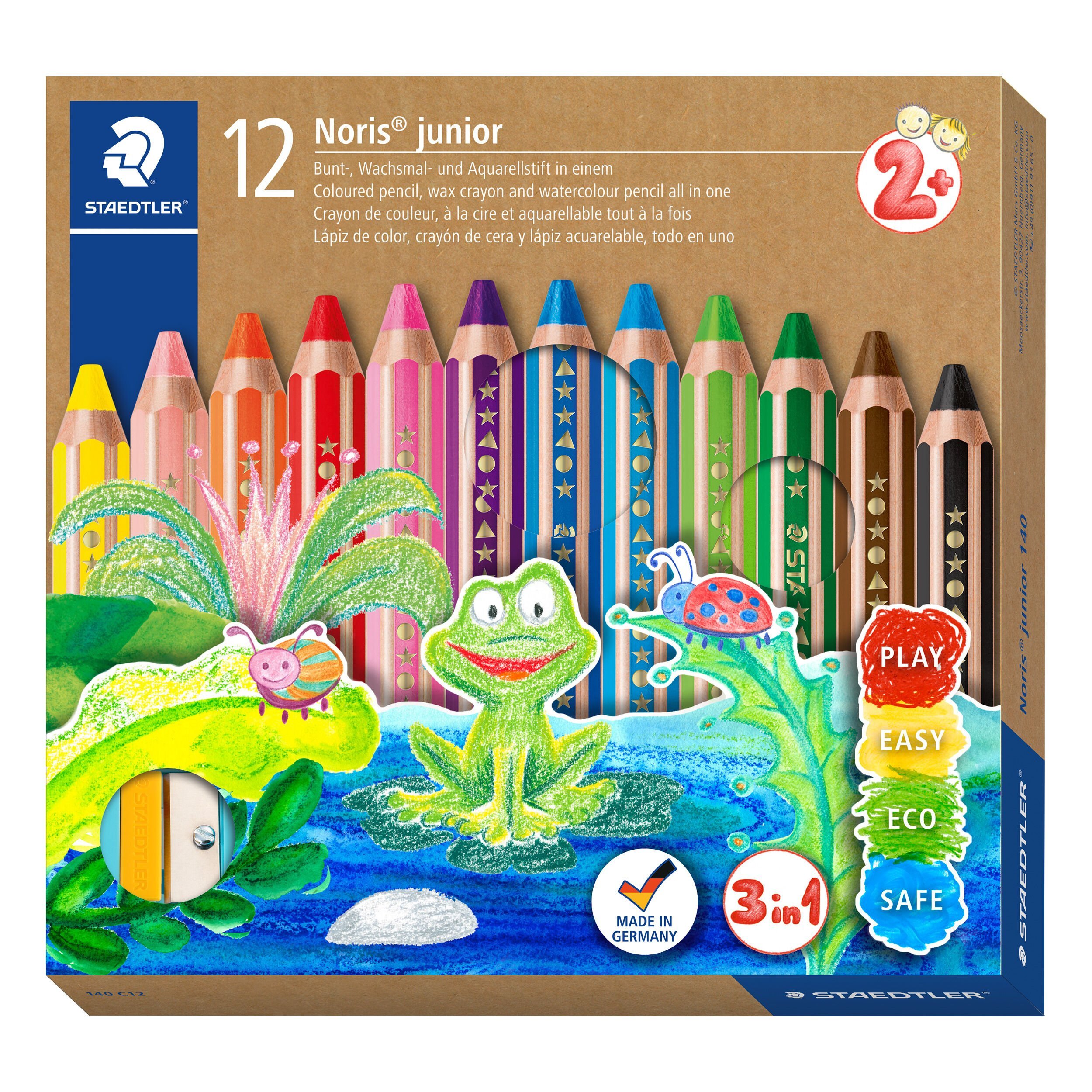 STAEDTLER 224 C12 Noris junior childrens thick wax crayons pack of 12 assorted colours in cardboard box 