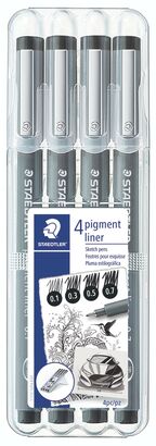STAEDTLER box containing 4 pigment liner black in assorted line widths (0.1/0.3/0.5/0.7)