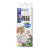 Cardboard box containing 6 x 3001 double-ended watercolour brush pens in assorted colours, Australia