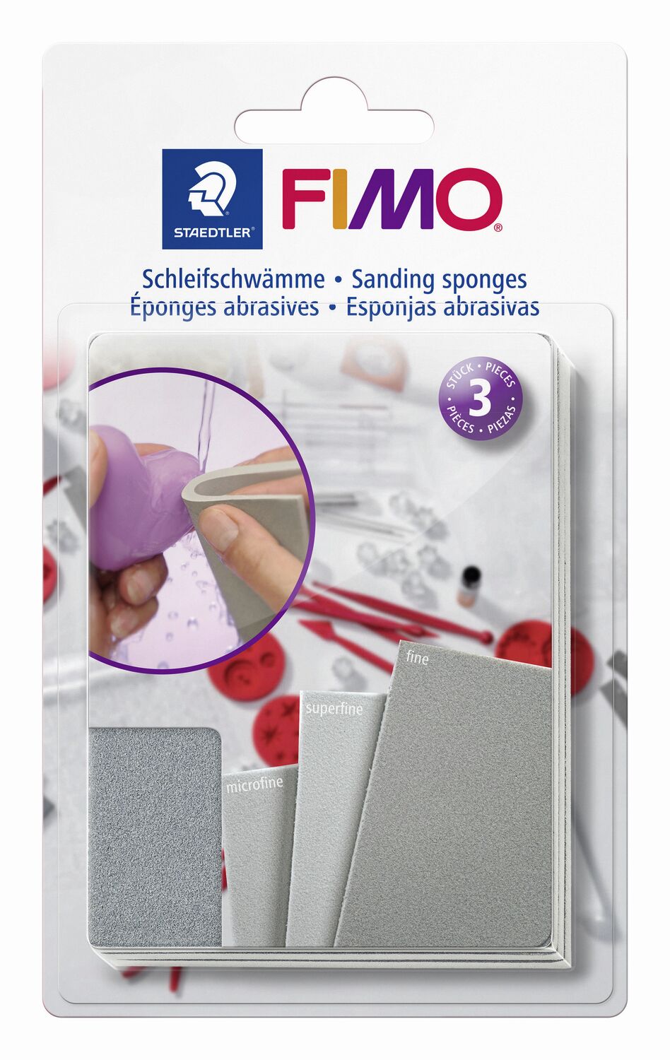 Blister Conjunto de esponjas para polimento, com 3 grãos diferentes, para tratamento das superfícies de FIMO endurecidas (fino / "super fino" / "microfino")