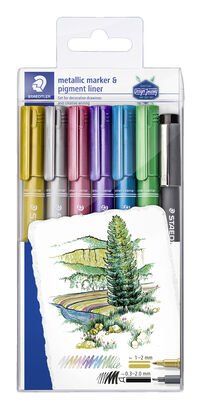 Transparent box containing 6 metallic pen in assorted colours and 1 pigment liner 308 for free