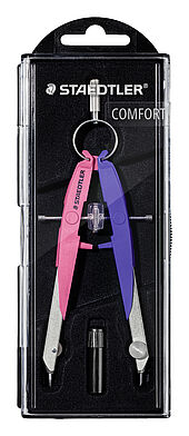 Plastic case with hinged lid containing 1 compass, neon edition pink/lilac