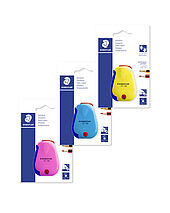 Blistercard containing 1 tub sharpener in 3 assorted colours