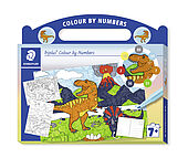 set composto da: 3 diverse cartoline da colorare con soggetto "dinosauri", 3 guide colori numerate, 4 triplus color e 3 triplus fineliner