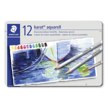 Metal case containing 12 watercolour pencils in assorted colours