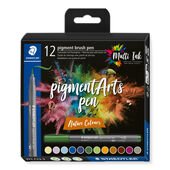Cardboard box containing 12 fibre-tip pens with brush nib in assorted colours