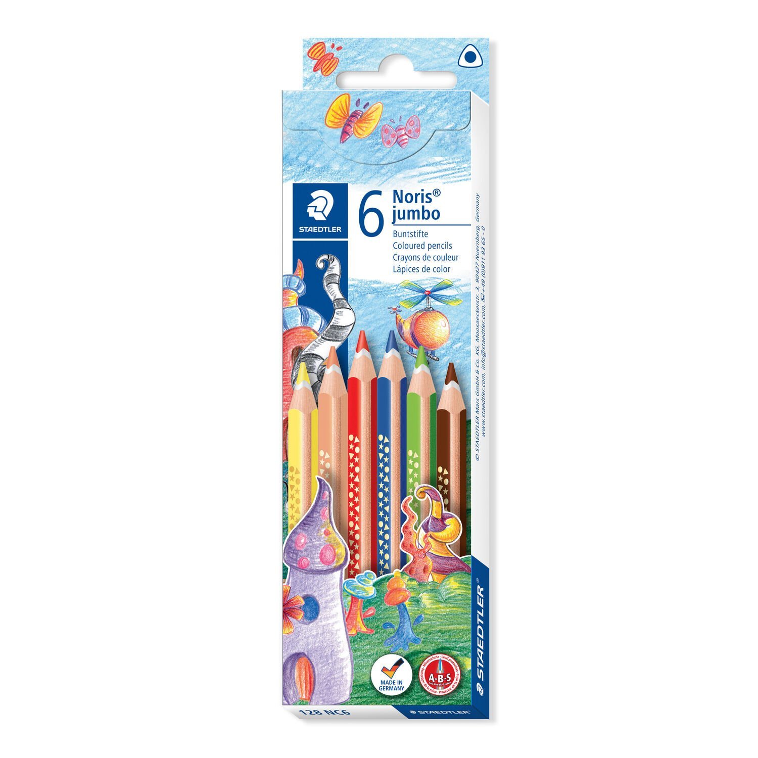 Cardboard box containing 6 coloured pencils in assorted colours