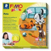 FIMO® kids 8034 Set "Pets" containing 4 blocks à 42 g (white, orange, brown, black), modelling stick, step-by-step instructions, cut out templates / playing surface, sticker, instruction