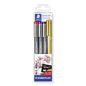 Transparent box containing 3 pigment liner in assorted colours (red, violet, black), line width approx. 0.5 mm and 1 metallic pen 8323 gold for free