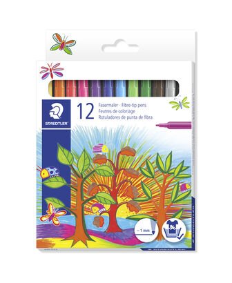 Cardboard box containing 12 fibre-tip pens in assorted colours