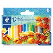 Cardboard box containing 12 oil pastel crayons in assorted colours