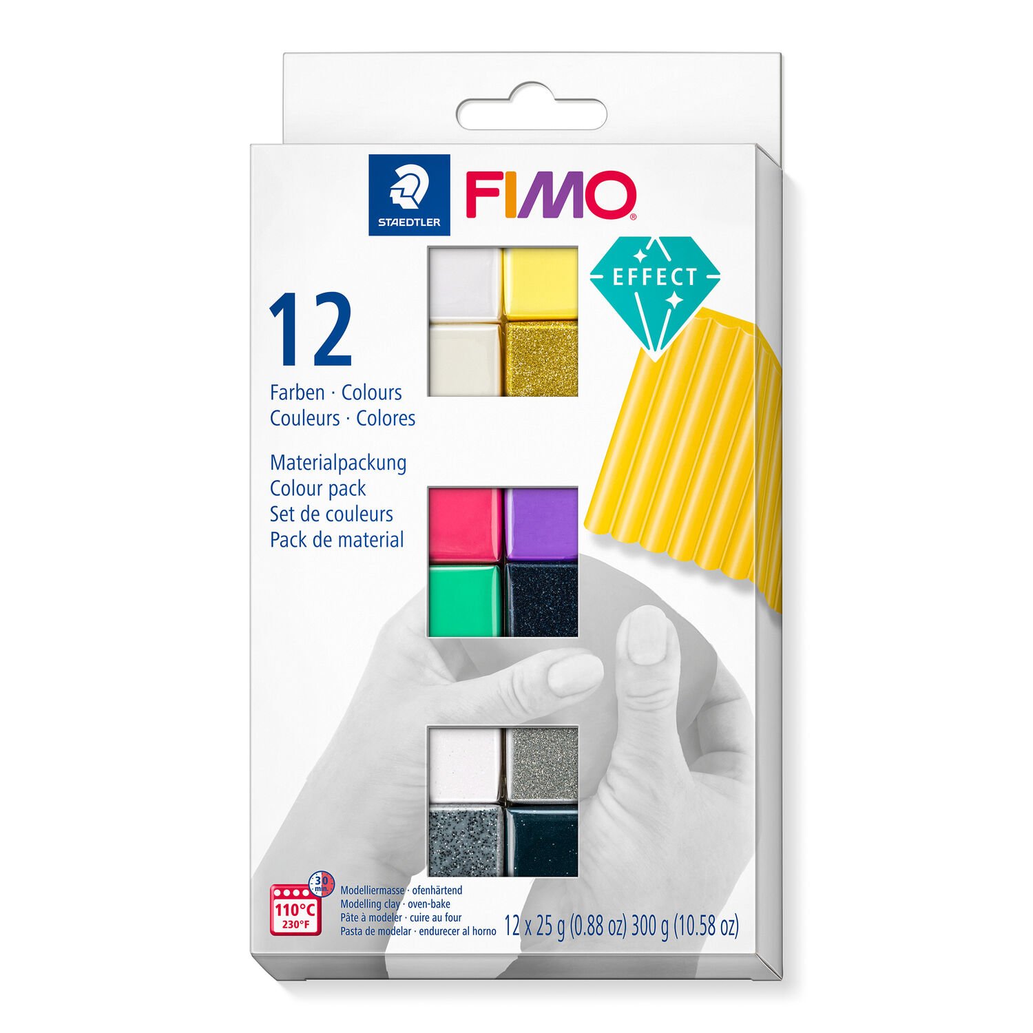 Materialpackung FIMO effect im Kartonetui mit 12 Halbblöcken (sortierte Farben), Gebrauchsanleitung