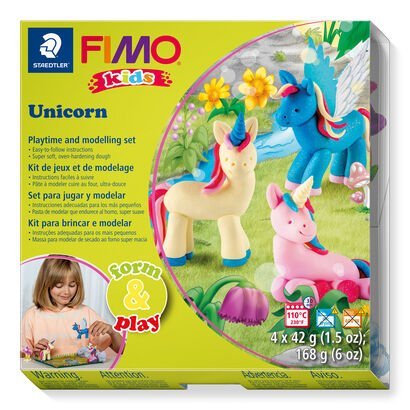 Set "Unicorn" containing 4 blocks à 42 g (light pink, pearl yellow, glitter pink, glitter blue), modelling stick, step-by-step instructions, cut out templates / playing surface, sticker, instruction