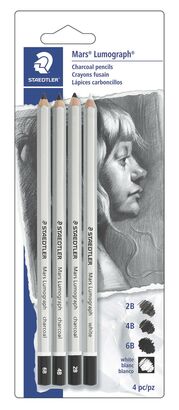 Blistercard containing 3 charcoal pencils in assorted degrees and 1 soft white chalk pencil