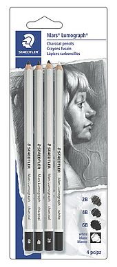Emballage-coque contenant 3 crayons fusain assortis et 1 crayon-craie blanc doux