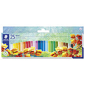 Cardboard box containing 25 oil pastel crayons in assorted colours