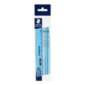 Polybag containing 3 graphite pencils, 1 ruler, 1 eraser and 1 sharpener - pastel combo set blue