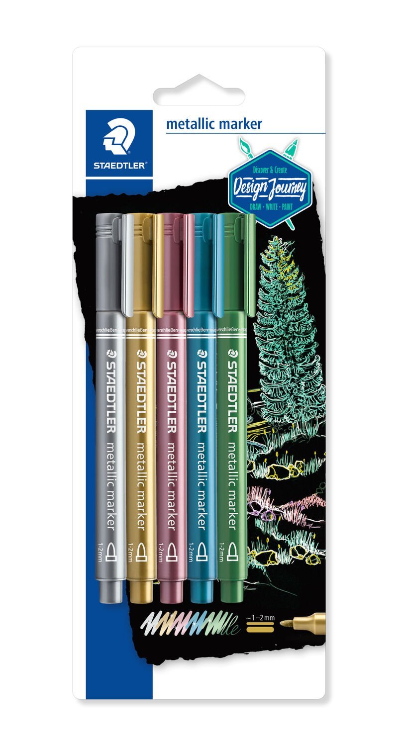 Blister bevat 5 metallic markers, schrijfkleuren: zilver, goud, rood, blauw, groen