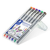 STAEDTLER Box containing 6 pigment liner in assorted colours (orange, red, violet, blue, green, brown), line width approx. 0.3 mm