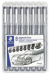 STAEDTLER box containing 8 pigment liner black in assorted line widths (0.05, 0.1, 0.3, 0.5, 0.7, 1.0. 1.2, 0.3-2.0)