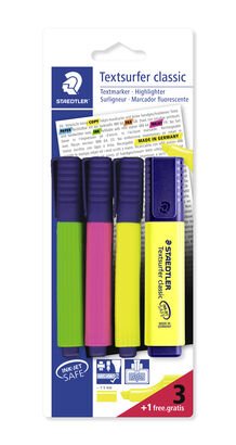Blistercard containing 3 Textsurfer classic in assorted colours plus 1 free of charge