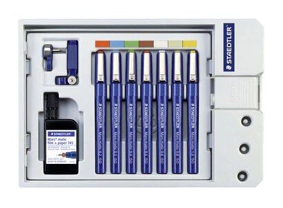 Set containing 7 technical pens, line width 0.2, 0.3, 0.4, 0.5, 0.6, 0.8, 1.0, compass adapter and drawing ink bottle 745 R-9 with template attachment for simplifying work with templates