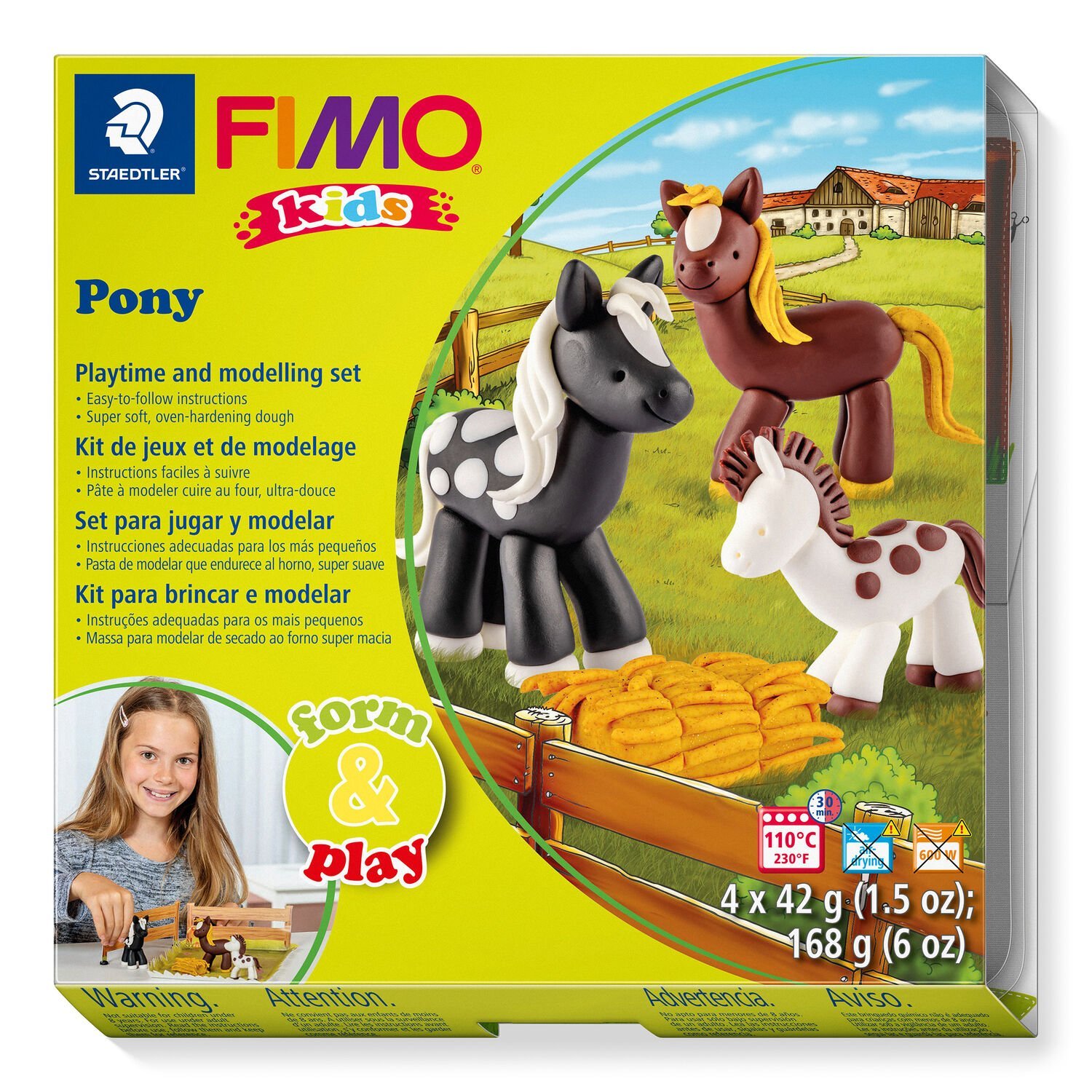 Set "Pony" containing 4 blocks à 42 g (white, brown, glitter gold, black), modelling stick, step-by-step instructions, cut out templates / playing surface, sticker, instruction