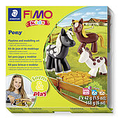 Set "Pony" containing 4 blocks à 42 g (white, brown, glitter gold, black), modelling stick, step-by-step instructions, cut out templates / playing surface, sticker, instruction