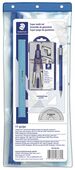 Polybag containing 6" compass with adapter, extension bar and
lead tube, mechanical pencil, eraser, protractor,
12" ruler, triangle 30/60°, triangle 45/90° and pouch