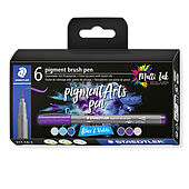 Cardboard box containing 6 pigment brush pen in assorted colours