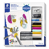 Kartonetui mit 6 pigment brush pen in sortierten Farben, 1 pigment pen, 1 Bleistift, 1 Radierer und 1 Metallspitzer