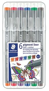 STAEDTLER box containing 6 pigment liner in assorted colours (orange, red, violet, blue, green, brown), line width approx. 0.5 mm