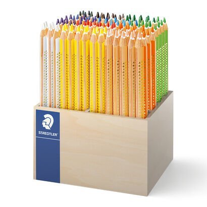 Wooden display containing 112 coloured pencils in 12 assorted colours