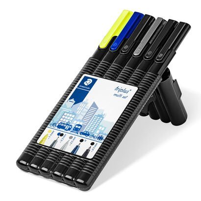 STAEDTLER box containing 2 triplus fineliner black/blue, 1 triplus ball M black, 1 triplus roller black, 1 triplus micro 0.5 mm and 1 triplus textsurfer yellow, "Black Box"
