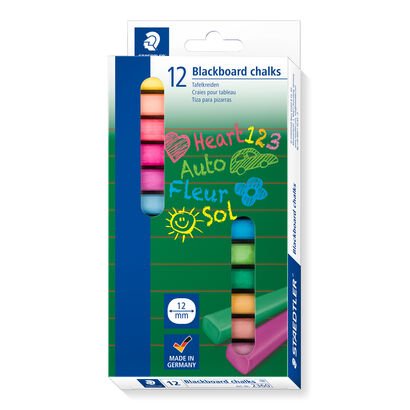 Cardboard box containing 12 blackboard chalks in assorted colours