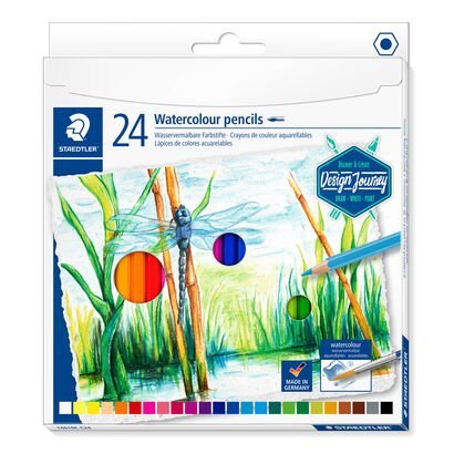 Cardboard box containing 24 watercolour pencils in assorted colours