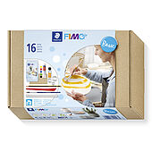 FIMOair 81 Set "Basic" in a cardboard box containing FIMOair modelling clay 500 g white, 1 FIMO gloss varnish 10 ml, 1 sandpaper, 1 set of three metal cutters circles, 1 paintbox with six colours incl. brush, 2 modelling tools