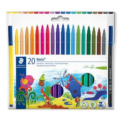 Caixa de cartão com 20 marcadores de ponta de fibra em várias cores