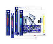 10 Blistercards containing 1 compass 550 50 M in metallic colours, 2 pencils 120-2, 1 eraser 526 50, 1 sharpener 510 50, 1 lead tube, 1 ruler 15 cm, 2 set squares, 1 protractor, 1 lettering stencil and 1 time table
