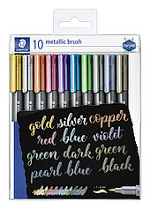 Transparent box containing 10 metallic brush in assorted colours