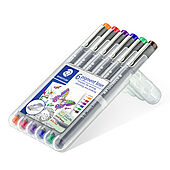 STAEDTLER box containing 6 pigment liner in assorted colours (orange, red, violet, blue, green, brown), line width approx. 0.5 mm